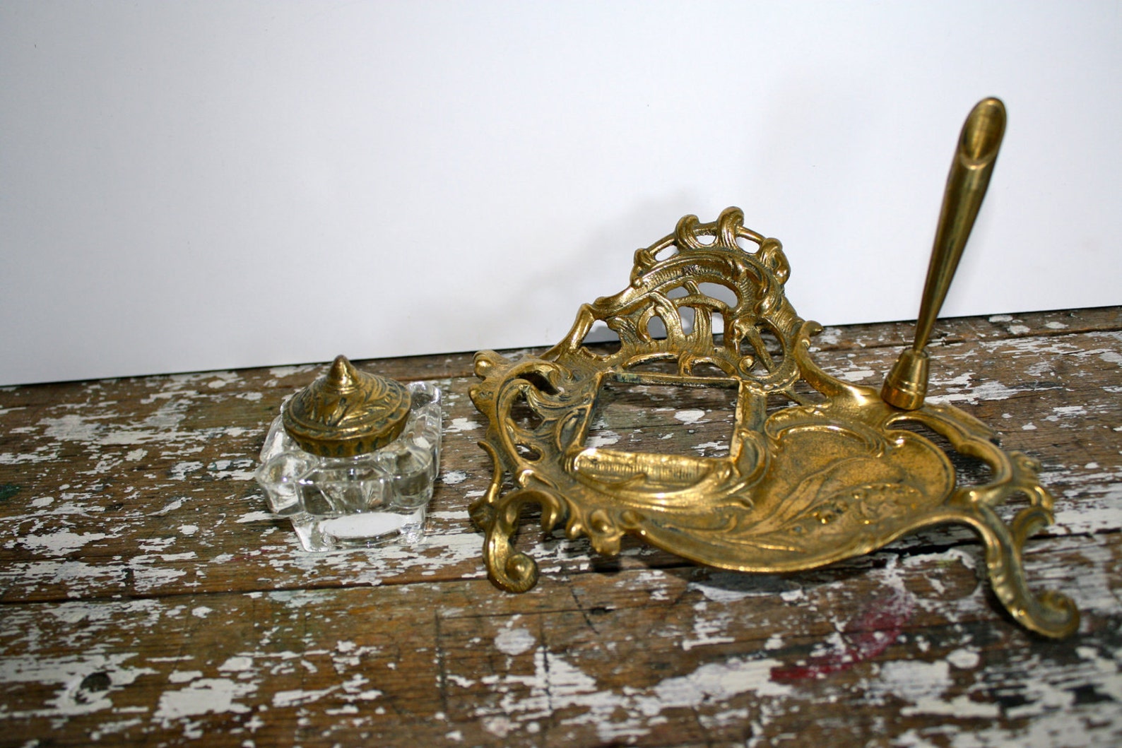 Ink Well Brass Vintage Quill and Stand Inkwell Feather Pen Etsy