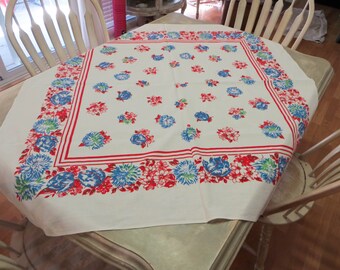 NBU Marlene Tablecloth Daisy Tablecloth Colorful Tablecloth Floral Tablecloth 1950s Tablecloth Cotton Tablecloth Red and Blue