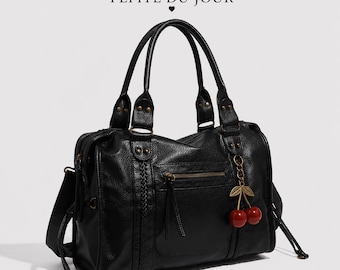Vintage black women's bag, large school bag, large capacity shoulder bag, back-to-school bag, cherry keychain