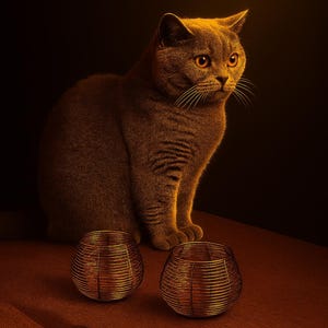 Peut inclure: Un chat brun aux yeux orange est assis sur une surface en bois, avec deux bougeoirs en fil de fer devant lui. Le chat est l'élément principal, les bougeoirs ajoutant un élément décoratif. Le fond est sombre.
