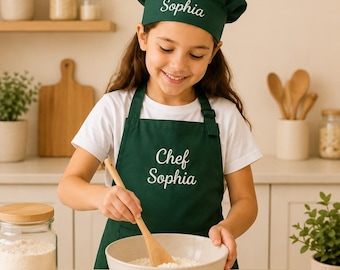 Personalized Kids Chef Apron & Hat Set, Custom Name Cooking Apron, Embroidered Children’s Chef Outfit, Birthday Gift for Kids