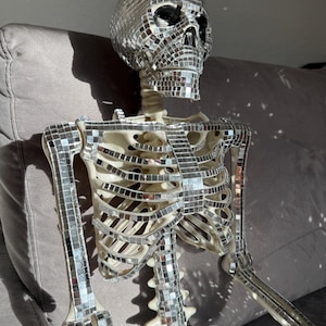 May include: A human skeleton model covered in small, square, reflective silver mirror tiles. The skull, rib cage, spine, and arm bones are adorned with these mirrored pieces, creating a disco ball effect that reflects light across the surface.