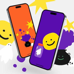 Conjunto de 2 fondos de pantalla de Halloween / Fantasma y olla mágica / Serie minimalista