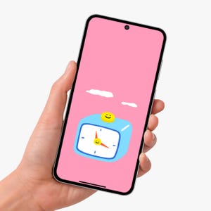 May include: A smartphone displaying a pink screen with a cartoon alarm clock and two white clouds. The alarm clock is blue with a yellow top and a smiling face. The phone is held in a hand.
