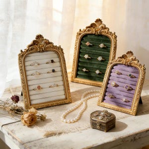 Op de afbeelding: Drie sierlijke, goudomrandde ringdisplays met fluwelen inzetstukken in wit, groen en paars. Elk bevat meerdere ringen met verschillende edelstenen. Een parelketting en een kleine sieradendoos zijn ook aanwezig.