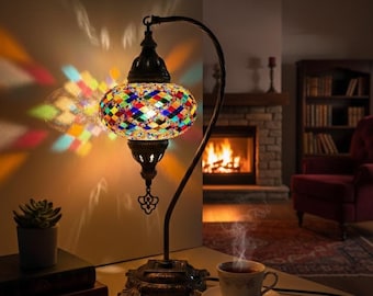 Authentic Boho Home Decor - Turkish Mosaic Table Lamp – Handmade Glass Lamp | Moroccan Style Night Light | Swan Neck Lamp with LED Bulb