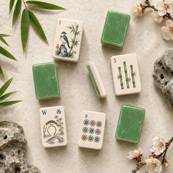 American Mahjong Set, 160 Acrylic Tiles, Retro Chinese Garden Art, Green Layered Edge, Mahjong Gift for Women and Game Night Players
