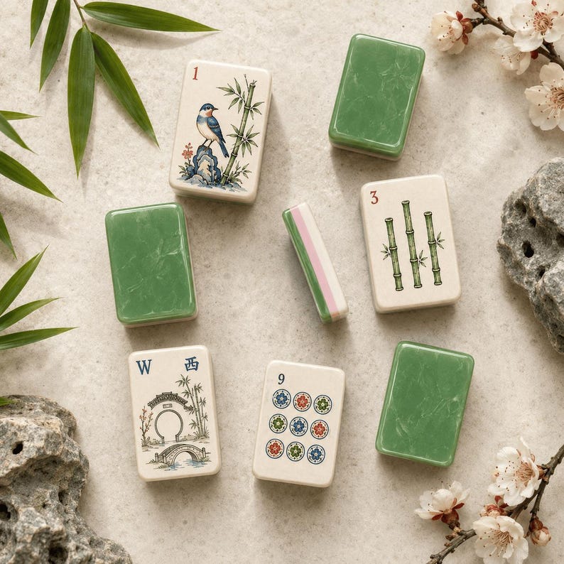 Puede incluir: Una colecci&oacute;n de fichas de mahjong rectangulares con caras de color crema que muestran ilustraciones de un p&aacute;jaro sobre una roca, tallos de bamb&uacute;, un puente y motivos florales, junto a fichas verdes s&oacute;lidas y una peque&ntilde;a ficha espaciadora a rayas.