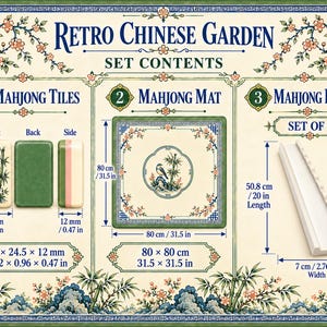 Puede incluir: Set de mahjong Retro Chinese Garden que incluye fichas, un tapete y cuatro empujadores. Las fichas miden 36 x 24,5 x 12 mm. El tapete cuadrado mide 80 x 80 cm. Cada empujador blanco mide 50,8 cm de largo y 7 cm de ancho.