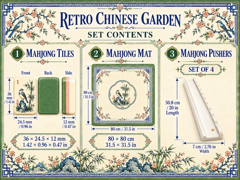 Puede incluir: Set de mahjong Retro Chinese Garden que incluye fichas, un tapete y cuatro empujadores. Las fichas miden 36 x 24,5 x 12 mm. El tapete cuadrado mide 80 x 80 cm. Cada empujador blanco mide 50,8 cm de largo y 7 cm de ancho.