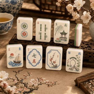 Puede incluir: Un conjunto de ocho fichas de mahjong rectangulares con superficies blancas que presentan ilustraciones coloridas de bamb&uacute;, flores, un velero, un pabell&oacute;n y un puente, junto con caracteres chinos rojos y azules y letras direccionales.
