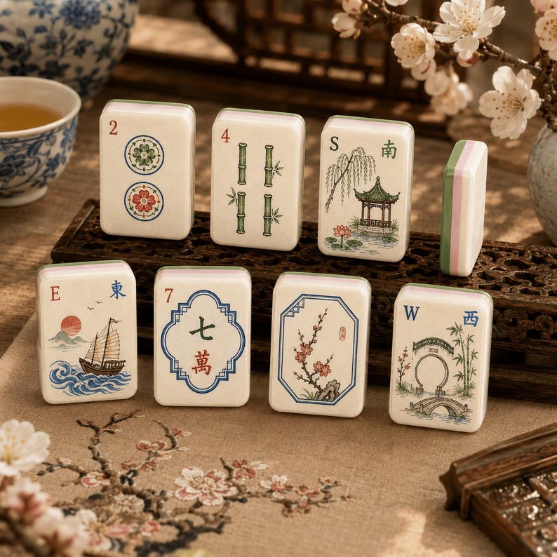 Puede incluir: Un conjunto de ocho fichas de mahjong rectangulares con superficies blancas que presentan ilustraciones coloridas de bamb&uacute;, flores, un velero, un pabell&oacute;n y un puente, junto con caracteres chinos rojos y azules y letras direccionales.