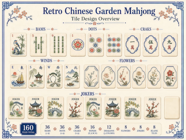 Pode incluir: Um gr&aacute;fico de vis&atilde;o geral das pe&ccedil;as de Mahjong Retro Chinese Garden com um total de 160 pe&ccedil;as. A exibi&ccedil;&atilde;o inclui Bams, Dots, Craks, Winds, Flowers e Jokers com ilustra&ccedil;&otilde;es detalhadas de p&aacute;ssaros, bambu, flores e paisagens.