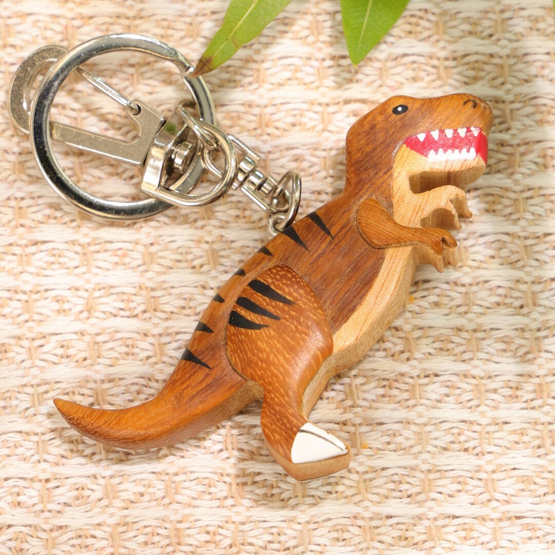 T Rex Keychains Hand-carved Wooden T-rex Keychain – Natural Wood Dinosaur Bag Charm ...