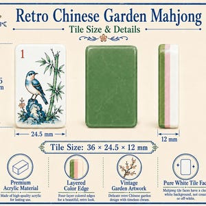 Puede incluir: Fichas de Mahjong Retro Chinese Garden que miden 36 mm por 24,5 mm por 12 mm. El juego incluye fichas blancas con una ilustraci&oacute;n de un p&aacute;jaro y bamb&uacute;, reversos de color verde s&oacute;lido y bordes de colores en capas. Texto: 'Retro Chinese Garden Mahjong'.
