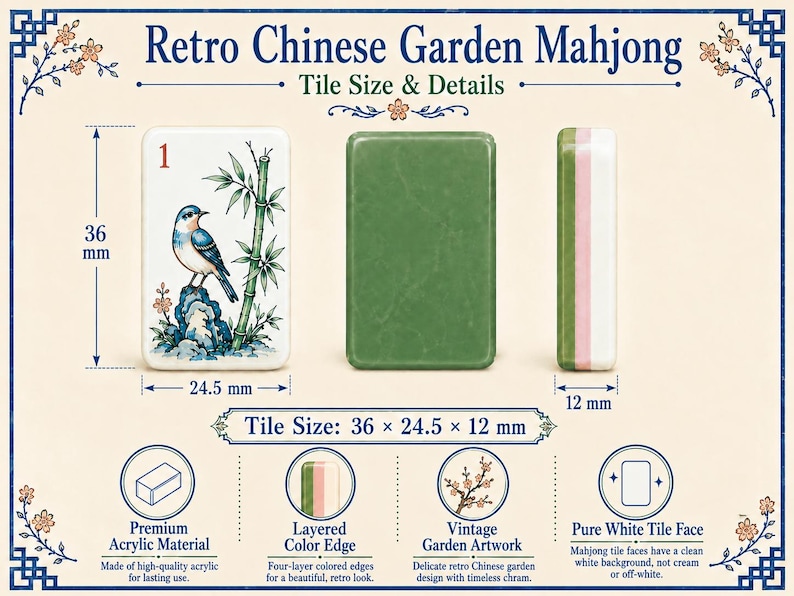 Puede incluir: Fichas de Mahjong Retro Chinese Garden que miden 36 mm por 24,5 mm por 12 mm. El juego incluye fichas blancas con una ilustraci&oacute;n de un p&aacute;jaro y bamb&uacute;, reversos de color verde s&oacute;lido y bordes de colores en capas. Texto: 'Retro Chinese Garden Mahjong'.