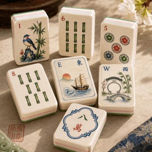 Puede incluir: Un conjunto de siete fichas de mahjong rectangulares con superficies de color blanco roto y bordes verdes. Las fichas presentan varias ilustraciones, incluyendo un p&aacute;jaro sobre bamb&uacute;, tallos de bamb&uacute;, c&iacute;rculos florales, un velero, un puente y caracteres chinos.