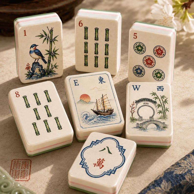 Puede incluir: Un conjunto de siete fichas de mahjong rectangulares con superficies de color blanco roto y bordes verdes. Las fichas presentan varias ilustraciones, incluyendo un p&aacute;jaro sobre bamb&uacute;, tallos de bamb&uacute;, c&iacute;rculos florales, un velero, un puente y caracteres chinos.
