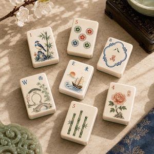 Könnte beinhalten: Sieben rechteckige Mahjong-Spielsteine mit cremefarbener Oberfläche, verziert mit bunten Illustrationen von einem Vogel, Bambus, Blumen, einem Schiff und chinesischen Schriftzeichen. Die Steine zeigen die Zahlen 1, 3, 4, 5, 8 sowie die Buchstaben W und E.