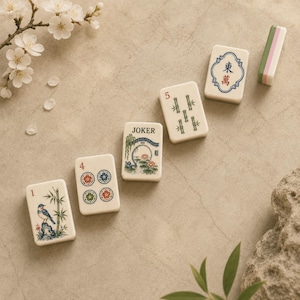Puede incluir: Un conjunto de cinco fichas de mahjong rectangulares y una ficha en blanco dispuestas en diagonal. Las fichas presentan ilustraciones de un p&aacute;jaro sobre bamb&uacute;, cuatro c&iacute;rculos florales, una escena de jard&iacute;n etiquetada JOKER, cinco tallos de bamb&uacute;.