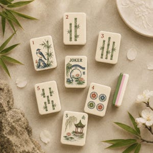 Puede incluir: Un conjunto de fichas de mahjong rectangulares con superficie color crema, ilustradas con tallos de bamb&uacute;, un p&aacute;jaro sobre una roca, una pagoda, flores de loto y el texto JOKER. Una ficha se muestra de lado, revelando capas verde, blanca y rosa.