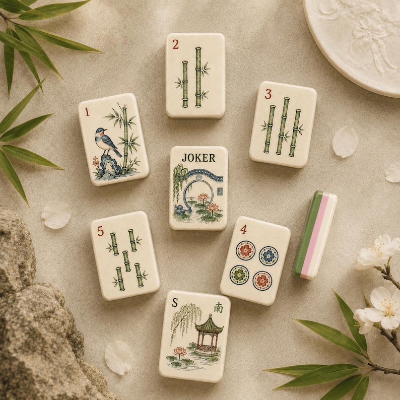 Puede incluir: Un conjunto de fichas de mahjong rectangulares con superficie color crema, ilustradas con tallos de bamb&uacute;, un p&aacute;jaro sobre una roca, una pagoda, flores de loto y el texto JOKER. Una ficha se muestra de lado, revelando capas verde, blanca y rosa.