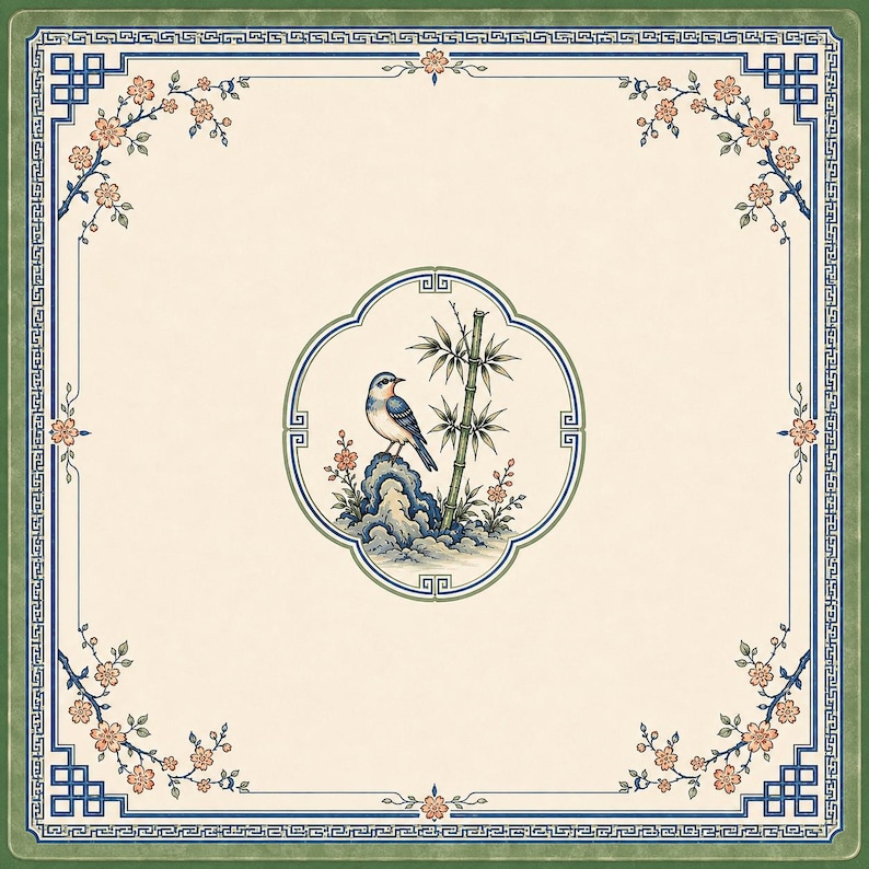 Puede incluir: Un textil cuadrado con un centro color crema y un medall&oacute;n circular central que contiene un p&aacute;jaro azul posado sobre una roca junto a tallos de bamb&uacute;. El borde muestra un patr&oacute;n geom&eacute;trico azul y ramas florales rosas.
