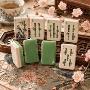 Puede incluir: Un juego de fichas de mahjong de color crema con ilustraciones de bamb&uacute; verde, numeradas del uno al cinco. Una ficha muestra un p&aacute;jaro posado sobre una roca junto a tallos de bamb&uacute;. Dos fichas son de color verde s&oacute;lido con un borde lateral rosa y blanco.