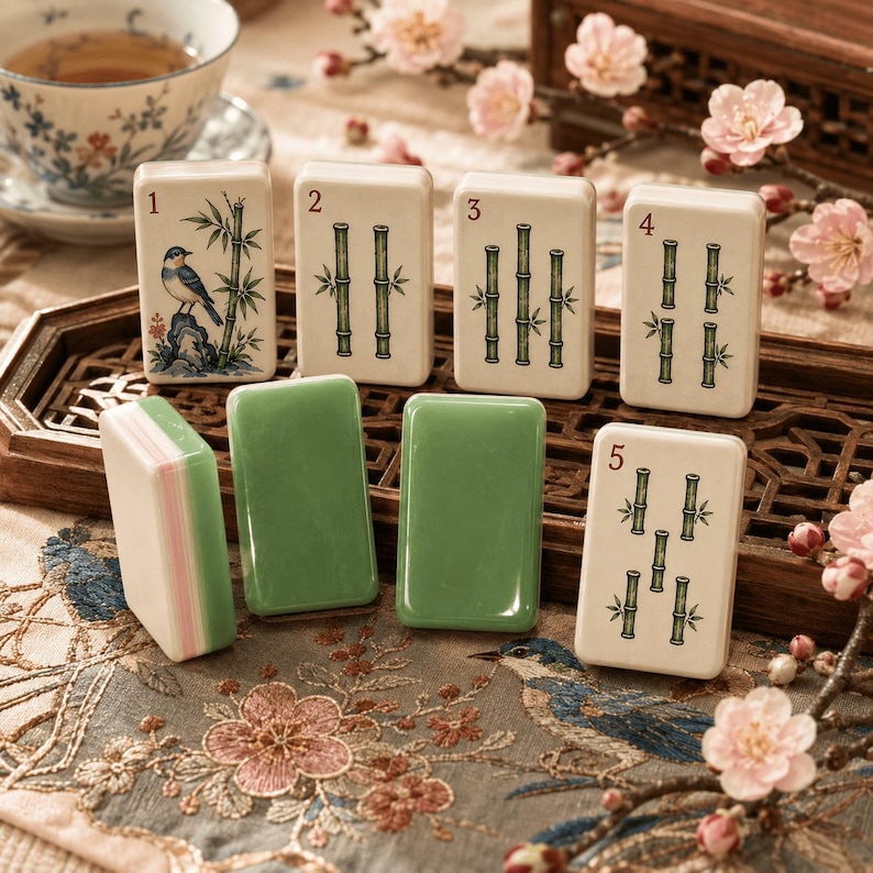 Puede incluir: Un juego de fichas de mahjong de color crema con ilustraciones de bamb&uacute; verde, numeradas del uno al cinco. Una ficha muestra un p&aacute;jaro posado sobre una roca junto a tallos de bamb&uacute;. Dos fichas son de color verde s&oacute;lido con un borde lateral rosa y blanco.