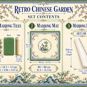 Pode incluir: Conjunto de mahjong Retro Chinese Garden incluindo pe&ccedil;as, um tapete e quatro empurradores. As pe&ccedil;as medem 36 x 24,5 x 12 mm. O tapete quadrado mede 80 x 80 cm. Cada empurrador branco tem 50,8 cm de comprimento e 7 cm de largura.