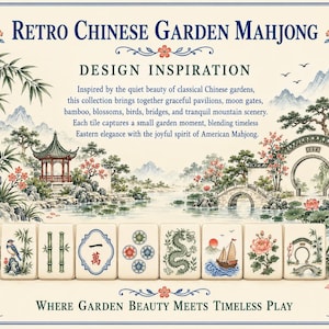 Puede incluir: Un juego de ocho fichas de Mahjong de color crema con ilustraciones detalladas de bamb&uacute;, dragones, barcos y flores, sobre un fondo con el texto Retro Chinese Garden Mahjong y Where Garden Beauty Meets Timeless Play.