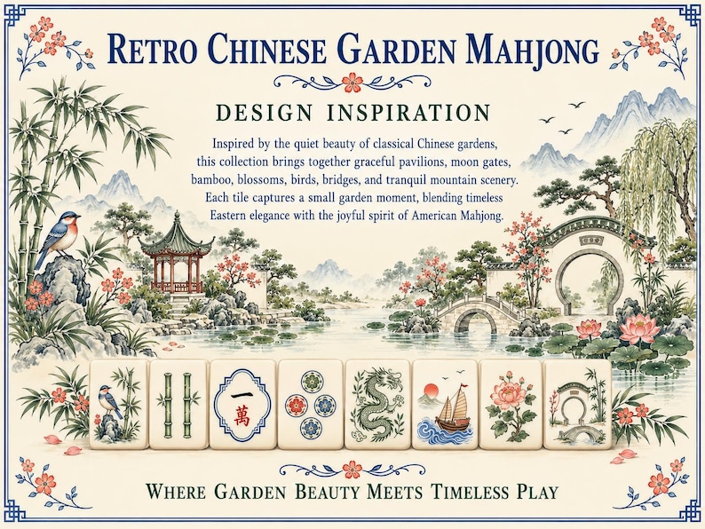 Puede incluir: Un juego de ocho fichas de Mahjong de color crema con ilustraciones detalladas de bamb&uacute;, dragones, barcos y flores, sobre un fondo con el texto Retro Chinese Garden Mahjong y Where Garden Beauty Meets Timeless Play.