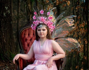 Pink and Silver Fairy Headdress, Pink Fairy Crown, Floral Halo Crown, Fairy Costume, Fairy Queen, Hand Fasting, Wedding, Fantasy Photography