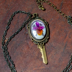 Vintage Upcycled Fairy Key Necklace, Unique Floral Key Pendant, Handcrafted Jewelry, Fantasy Wearable Art, One of a Kind Key Necklace