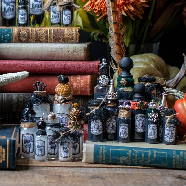 Dark Fairy Potion Bottles, Halloween Decor, Halloween Potion Bottles, Wizard Potions, Witch Potions, Halloween Decorations, Magic Potions