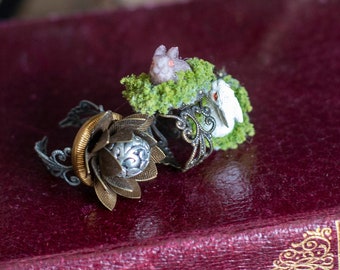 Tiny Rabbit Ring, Fairy Ring, Fairy Jewelry, Forest Moss Ring, Vintage Ring, Flower Statement Ring, Upcycled Jewelry, Fairy Costume