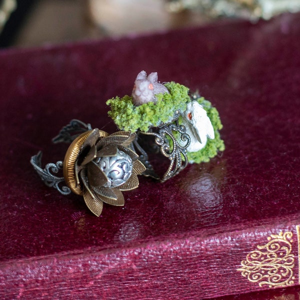 Tiny Rabbit Ring, Fairy Ring, Fairy Jewelry, Forest Moss Ring, Vintage Ring, Flower Statement Ring, Upcycled Jewelry, Fairy Costume