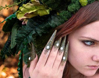 Filigree Nail Claws: Bronze Finger Armor with White Turquoise