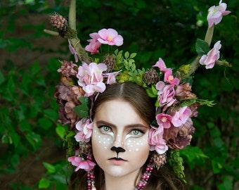 Antler Headdress, Pink Flower Crown, Horned Headdress, Faun Costume, Festival Headdress, Hand Fasting, Fairytale Wedding, Fairy Costume