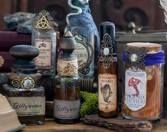 Wizard Potion Bottle, Halloween Potion Bottles, Famous Wizard Potion Bottle Set, Mixed Media Altered Bottles, Wizarding School Potions