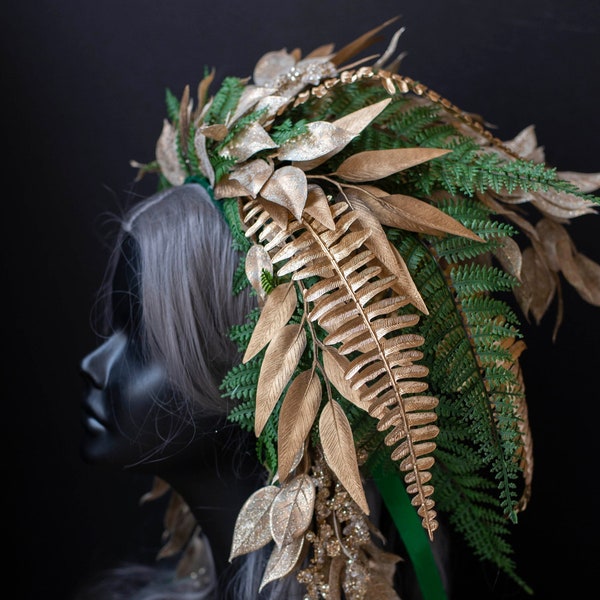 Gold Forest Goddess Headdress, Forest Witch, Earth Goddess Headdress, Green Woman Costume, Mother Nature Costume, Fairy Queen, Festival