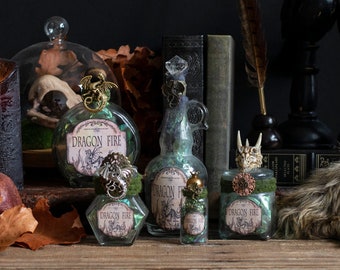 Green Dragon Fire Potion Bottles, Altered Art Potion Bottles, Halloween Decor, Altered Glass Bottle, Wizard Potion, Halloween Party