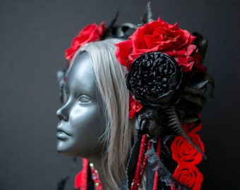 Red and Black Dark Fairy Headdress, Black Flower Crown, Fairy Costume, Gothic Fairy Crown, Gothic Headdress, Vampire Headdress