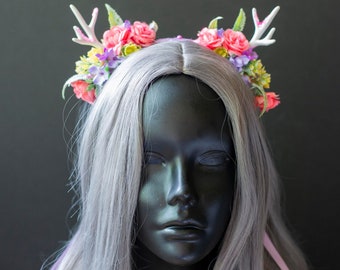 Pastel Rainbow Flower Antler Headband, Fairy Headband, Pastel Fairycore, Fairy Headband, Fantasy Wedding, Hand Fasting, Festival Wear