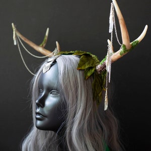 Elegant Faux Deer Antler Headdress Moss, Silk Leaves, Crystals Fantasy Costume Accessory for Festivals, Weddings, and More image 2
