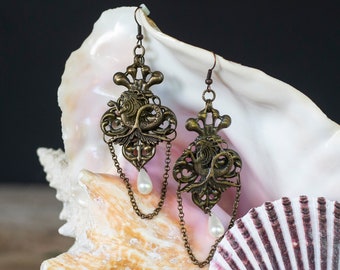 Bronze Mermaid Statement Earrings, Pearl Mermaid Earrings, Mermaid Costume Earrings, Recycled Vintage Pearl Earrings, Beach Wedding