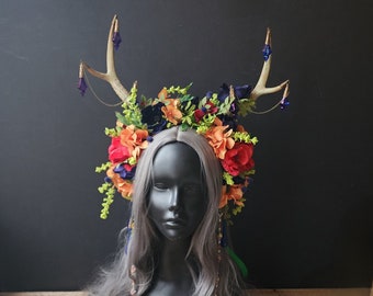 Jewel Tone Fairy Headdress with Antlers, Antler Headdress, Fairy Crown, Forest Goddess, Fairy Costume, Faun Headdress, Fantasy Wedding