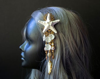 White and Gold Starfish Headpiece, Mermaid Costume, Mermaid Hair Clip, Beach Wedding, Mermaid Crown, Starfish Hair Clip, Mermaid Headpiece