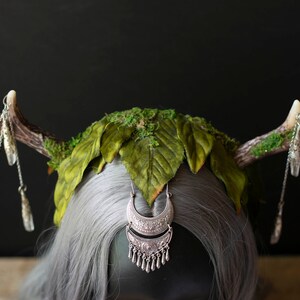 Elegant Faux Deer Antler Headdress Moss, Silk Leaves, Crystals Fantasy Costume Accessory for Festivals, Weddings, and More image 5