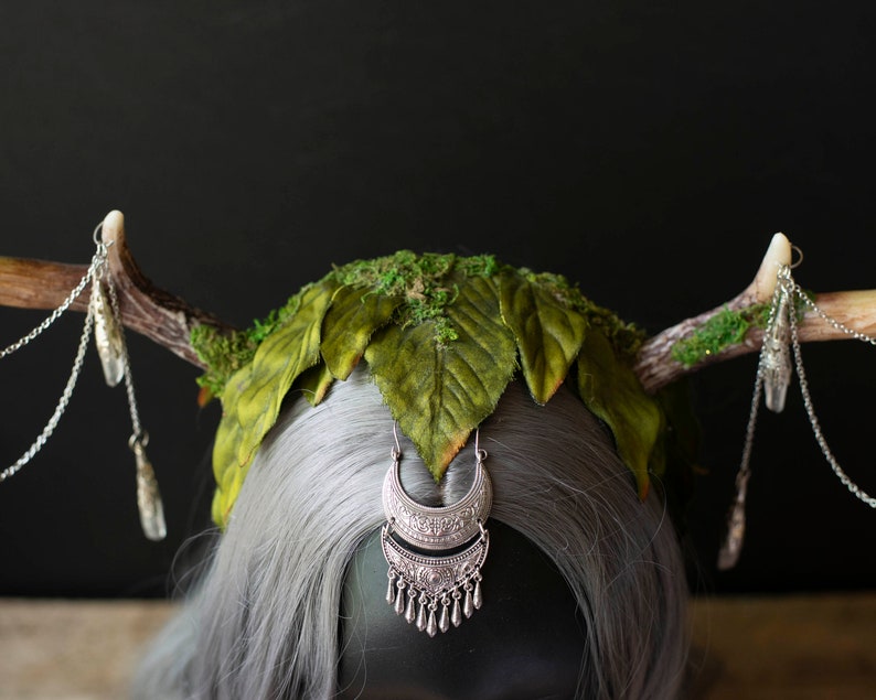 Elegant Faux Deer Antler Headdress Moss, Silk Leaves, Crystals Fantasy Costume Accessory for Festivals, Weddings, and More image 5